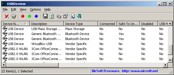 NirSoft 공식 안내에 게시된 USBDeview 장치 목록 예시